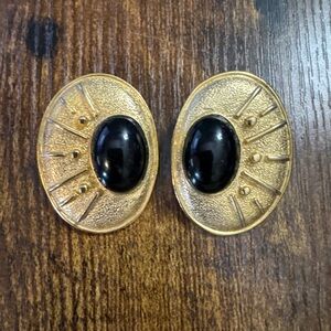 Vintage Stamped PAOLO Gold Tone Oval Black Large Chunky Clip on Earrings